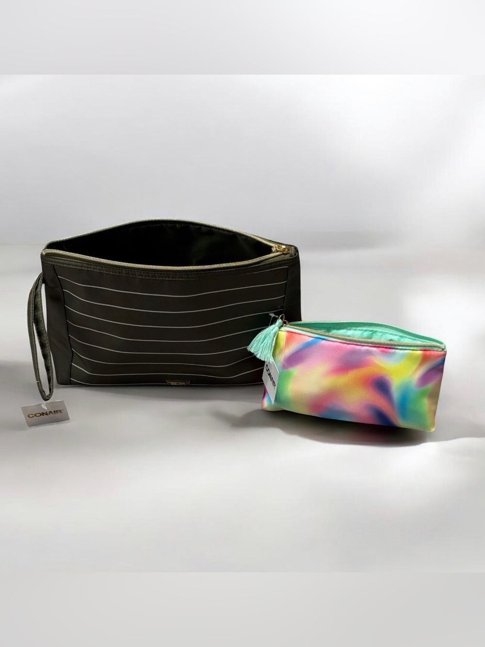 Conair His & Hers Toiletry Bag Bundle Green Striped & Pastel Swirl NWT